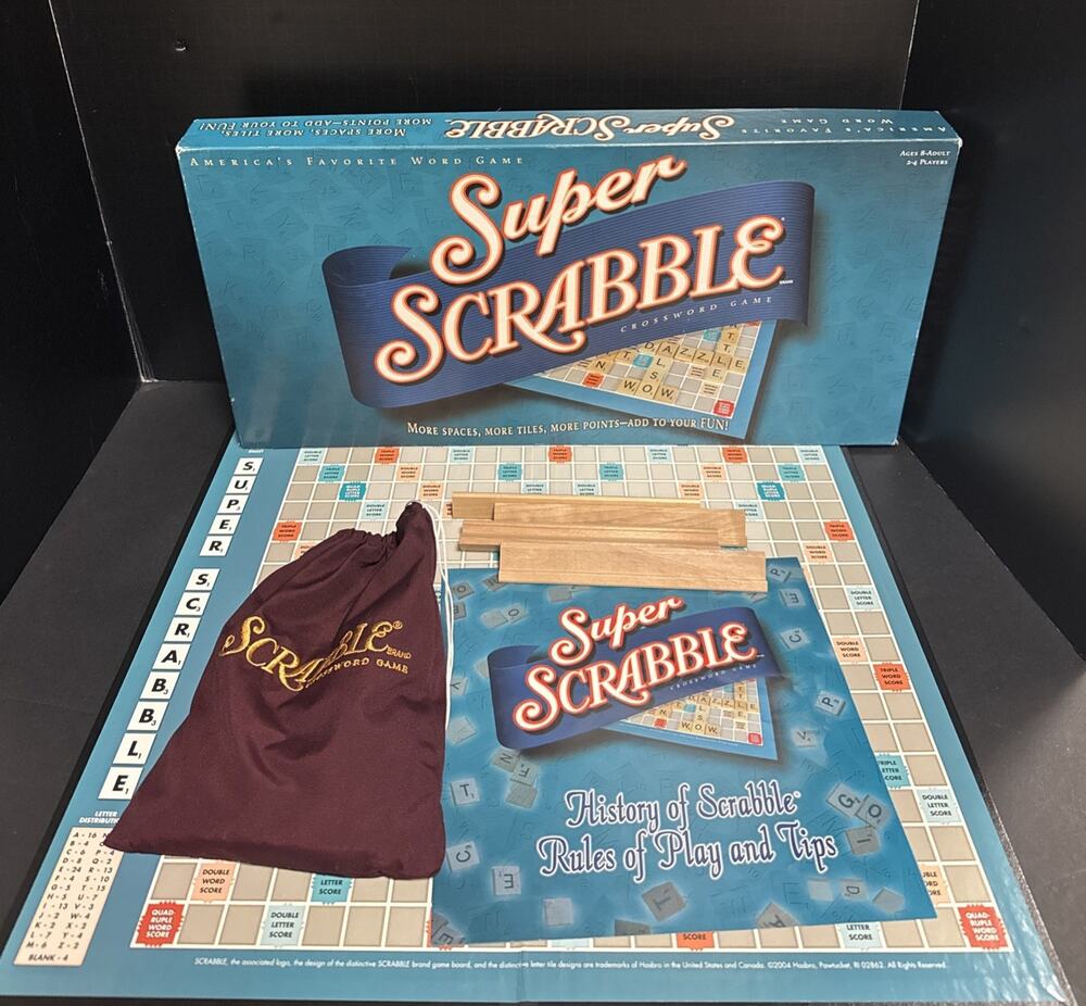 Super Scrabble Crossword Game 200 Wood Tiles Word Hasbro 2004 Spelling